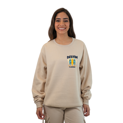 Destin Fl. Fleece Crewneck Sweatshirt Women with a Front Pocket Design and back big 3 Surf Boards Design Style 067