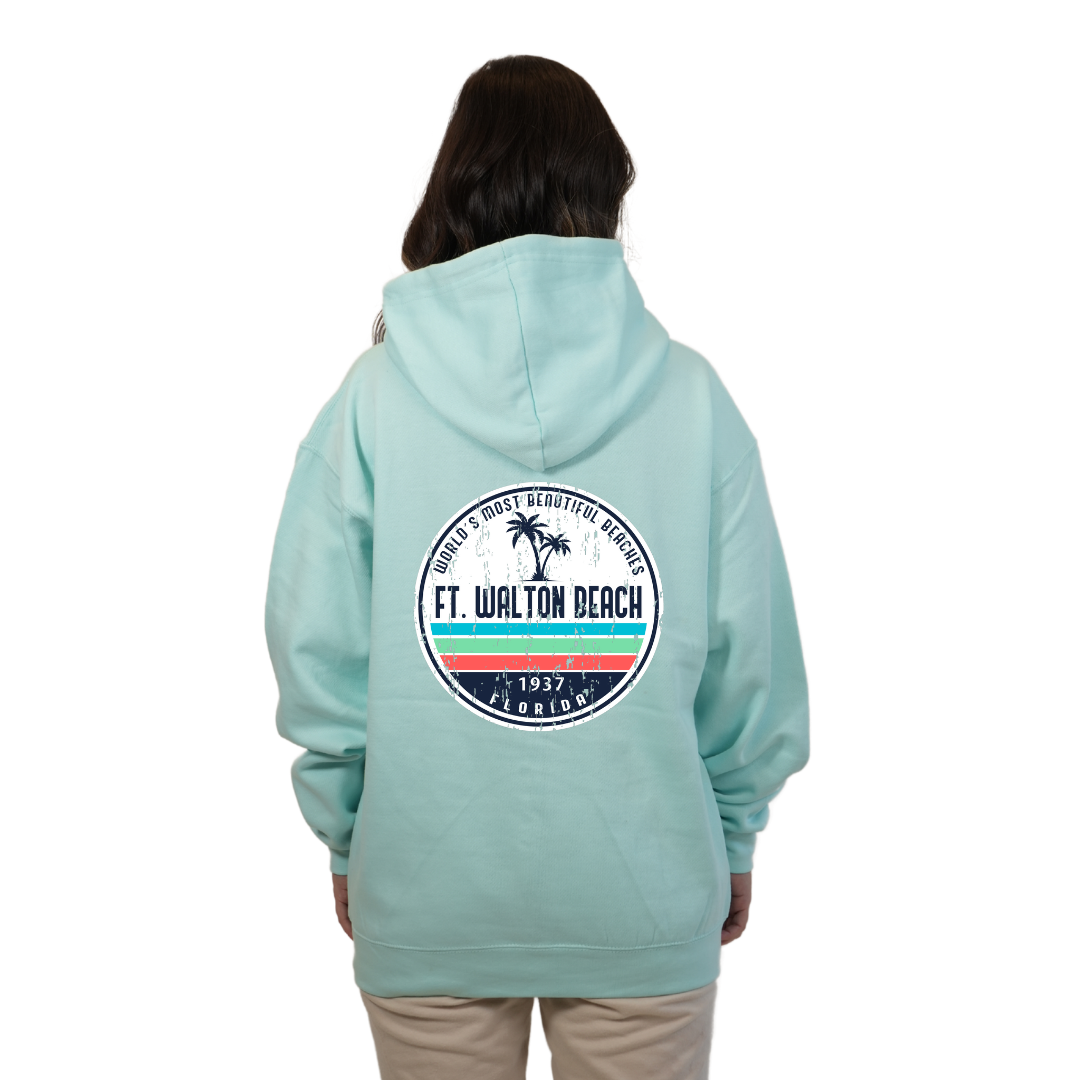 Ft. Walton Beach Pullover Hoodie Women with a a Front Pocket and back big circle 2 Palm Trees 1915 Design Style 252