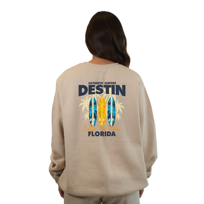 Destin Fl. Fleece Crewneck Sweatshirt Women with a Front Pocket Design and back big 3 Surf Boards Design Style 067