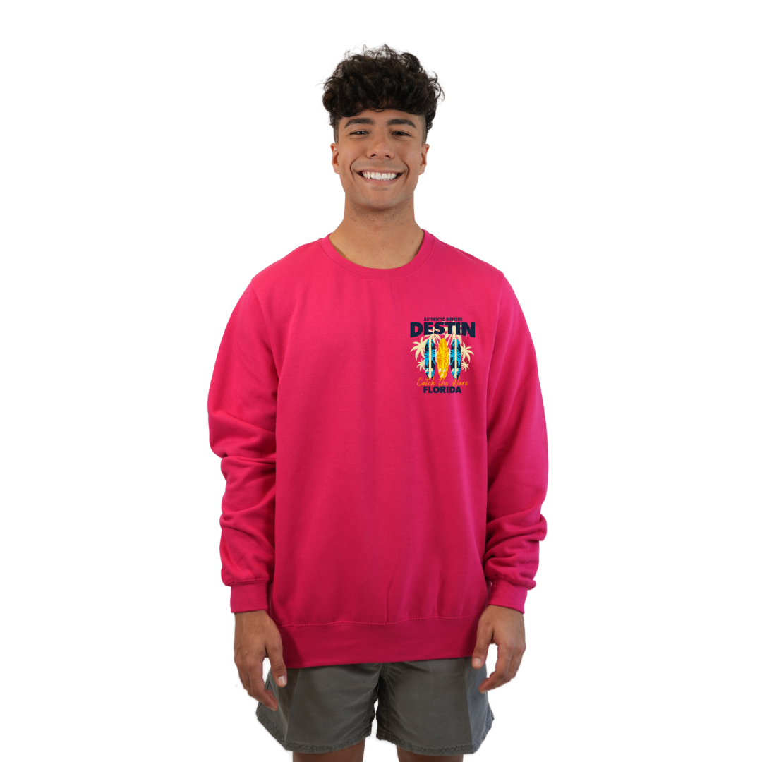 Destin Fl. Fleece Crewneck Sweatshirt Men with a Front Pocket Design and back big 3 Surf Boards Design Style 067