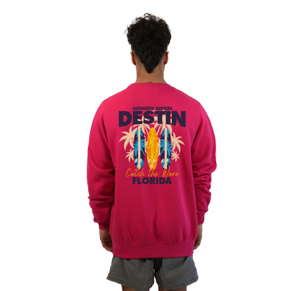 Destin Fl. Fleece Crewneck Sweatshirt Men with a Front Pocket Design and back big 3 Surf Boards Design Style 067