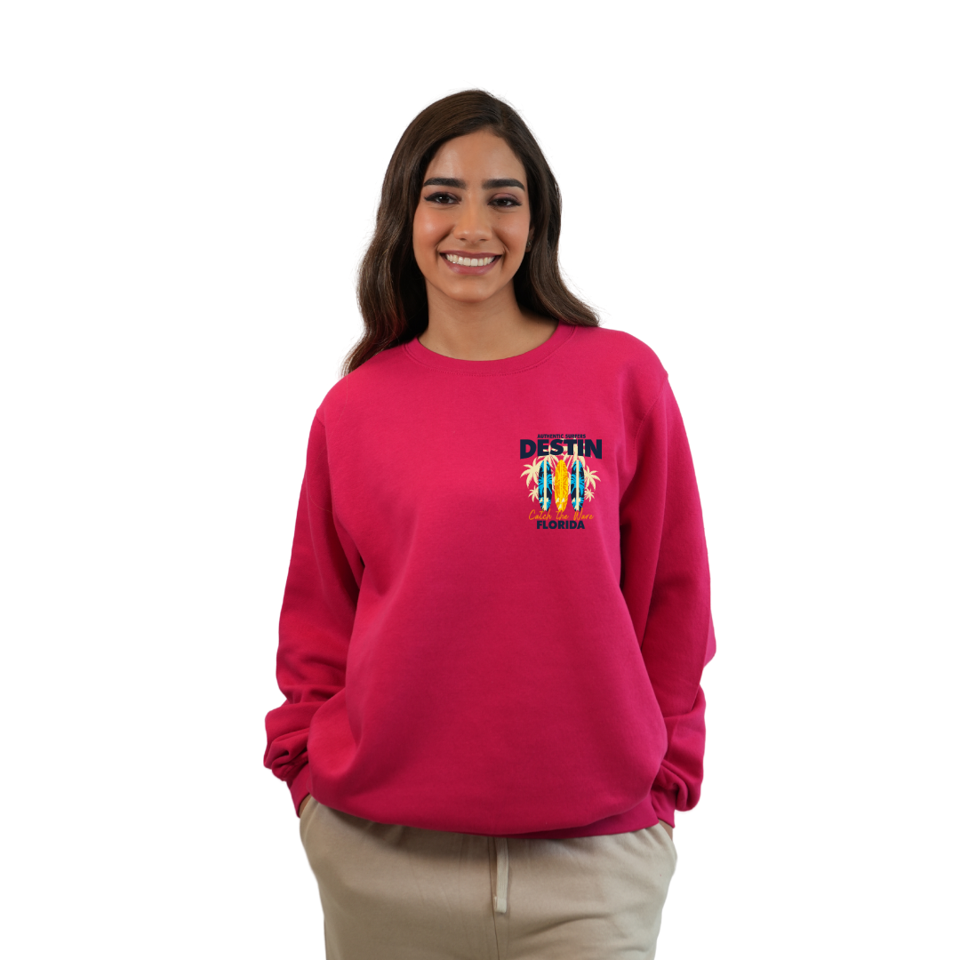 Destin Fl. Fleece Crewneck Sweatshirt Women with a Front Pocket Design and back big 3 Surf Boards Design Style 067