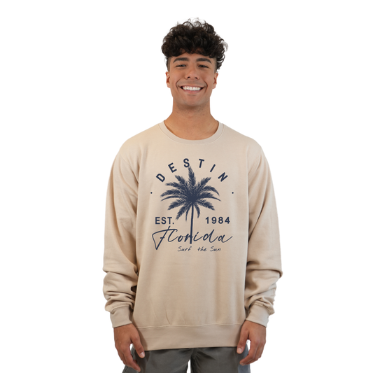 Destin Florida Fleece Crewneck Sweatshirt Men with a Front Palm Tree Est. 1984 Design Style 067