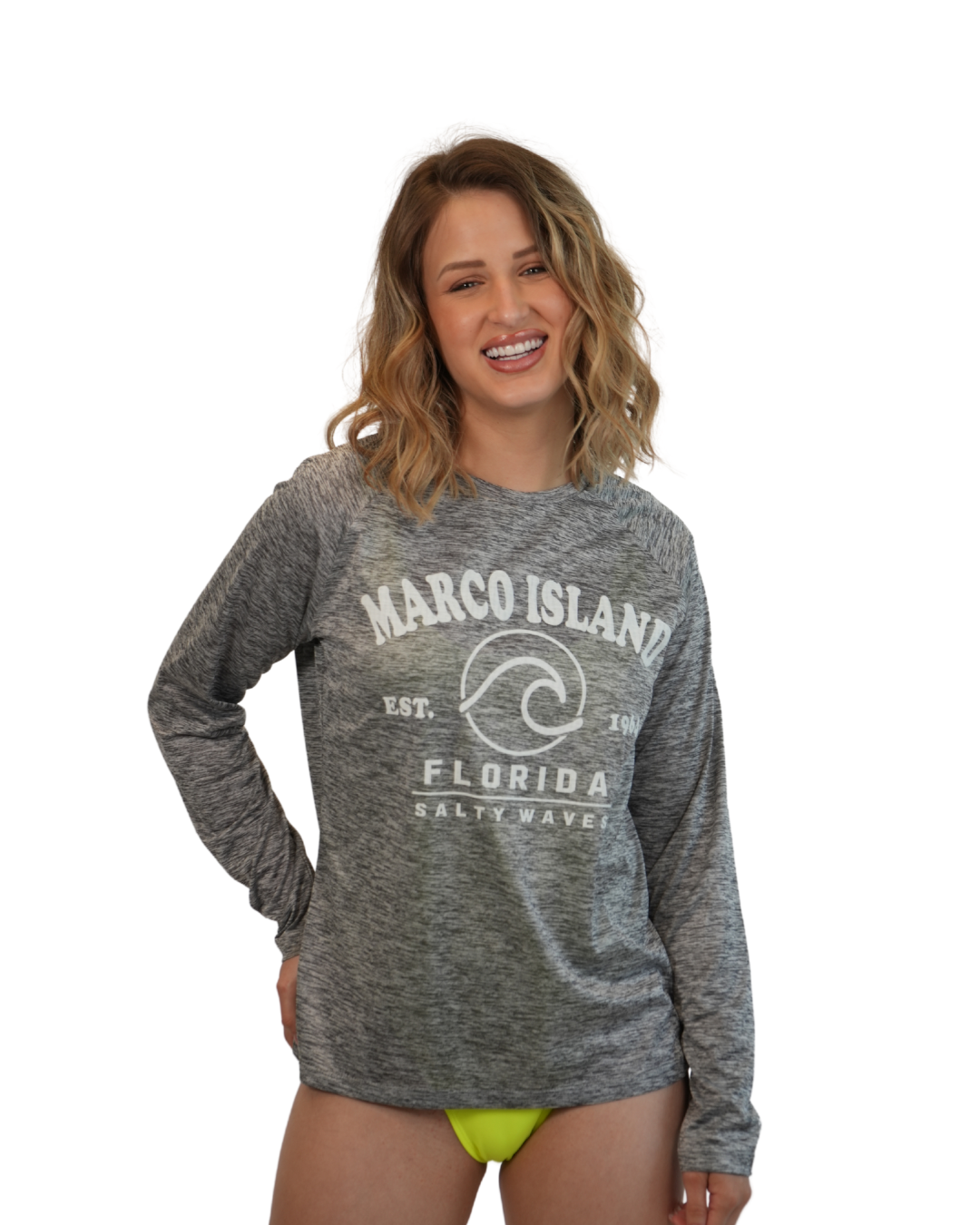 Marco Island, Fl Salty Waves Ladies Long Sleeve Dry Fit 30upf Sun Protection Style 15750 LONG SLEEVE TEE alvinsisland.com Grey S