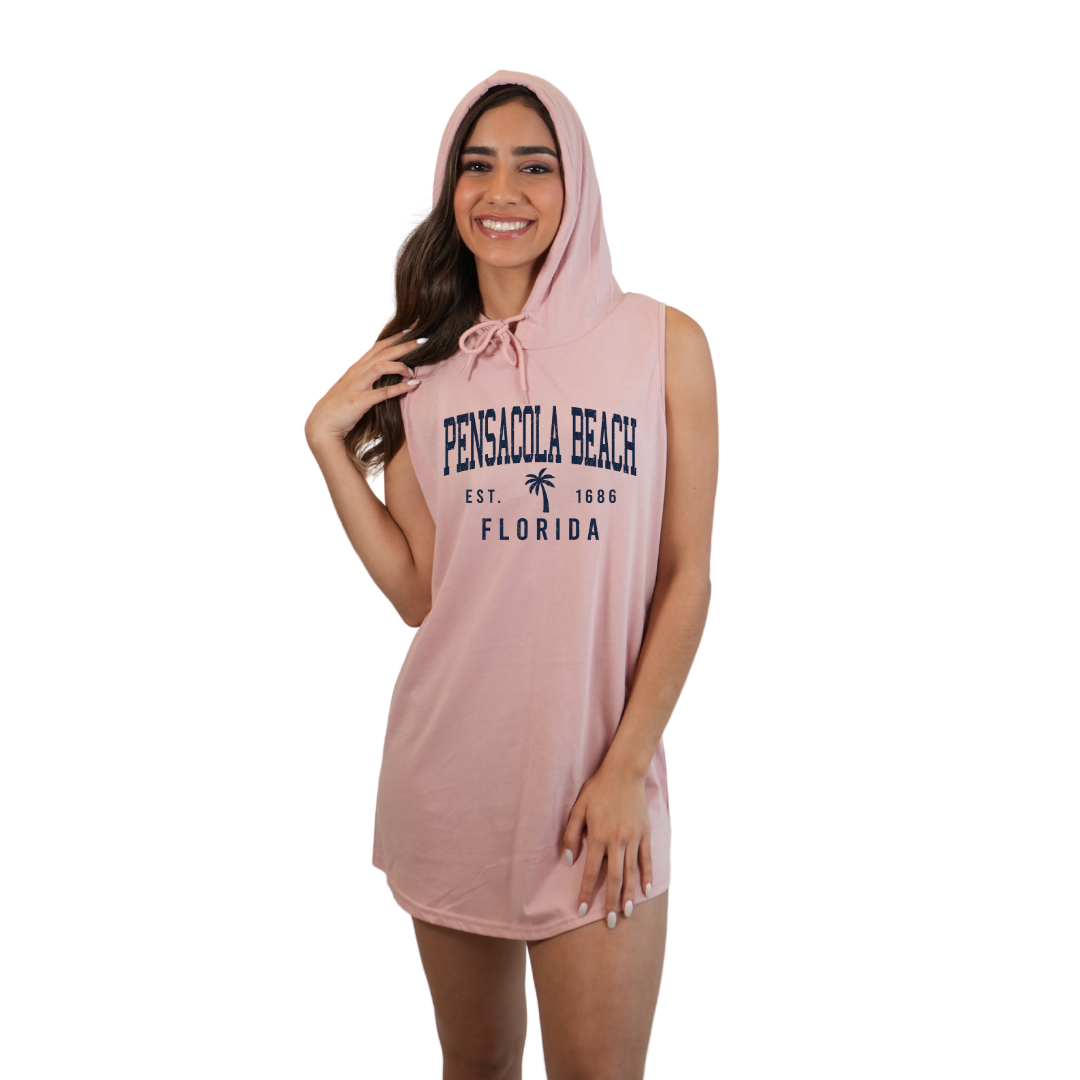 Pensacola Beach Women Sleeveless Cover Up Hoodie with a a Front Palm Tree Design Est. 1686 Design Style 263