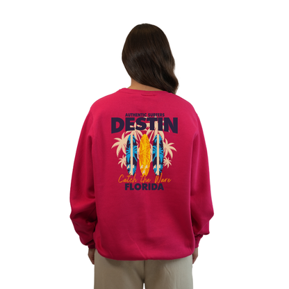 Destin Fl. Fleece Crewneck Sweatshirt Women with a Front Pocket Design and back big 3 Surf Boards Design Style 067