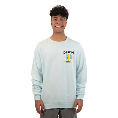 Destin Fl. Fleece Crewneck Sweatshirt Men with a Front Pocket Design and back big 3 Surf Boards Design Style 067