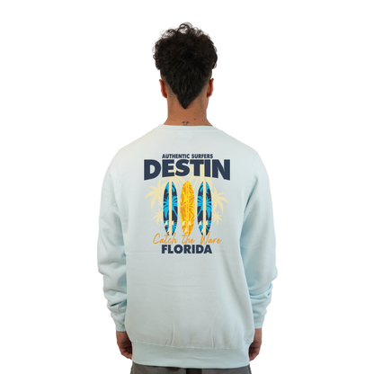 Destin Fl. Fleece Crewneck Sweatshirt Men with a Front Pocket Design and back big 3 Surf Boards Design Style 067