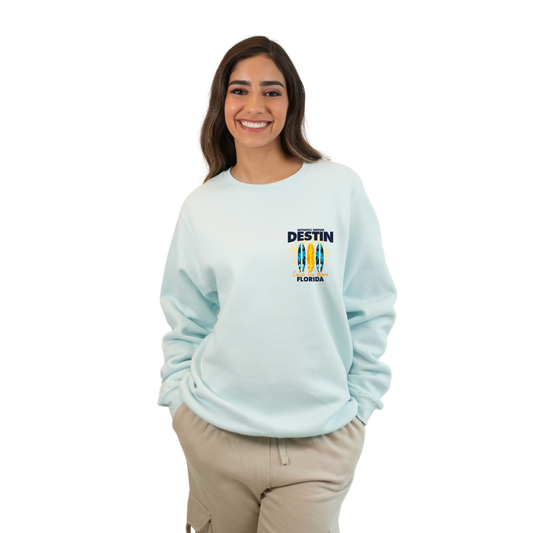 Destin Fl. Fleece Crewneck Sweatshirt Women with a Front Pocket Design and back big 3 Surf Boards Design Style 067 SWEATSHIRT alvinsisland.com Pool day S