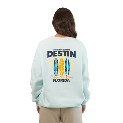 Destin Fl. Fleece Crewneck Sweatshirt Women with a Front Pocket Design and back big 3 Surf Boards Design Style 067