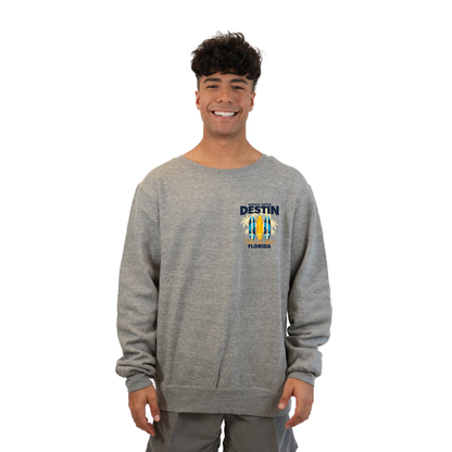 Destin Fl. Fleece Crewneck Sweatshirt Men with a Front Pocket Design and back big 3 Surf Boards Design Style 067