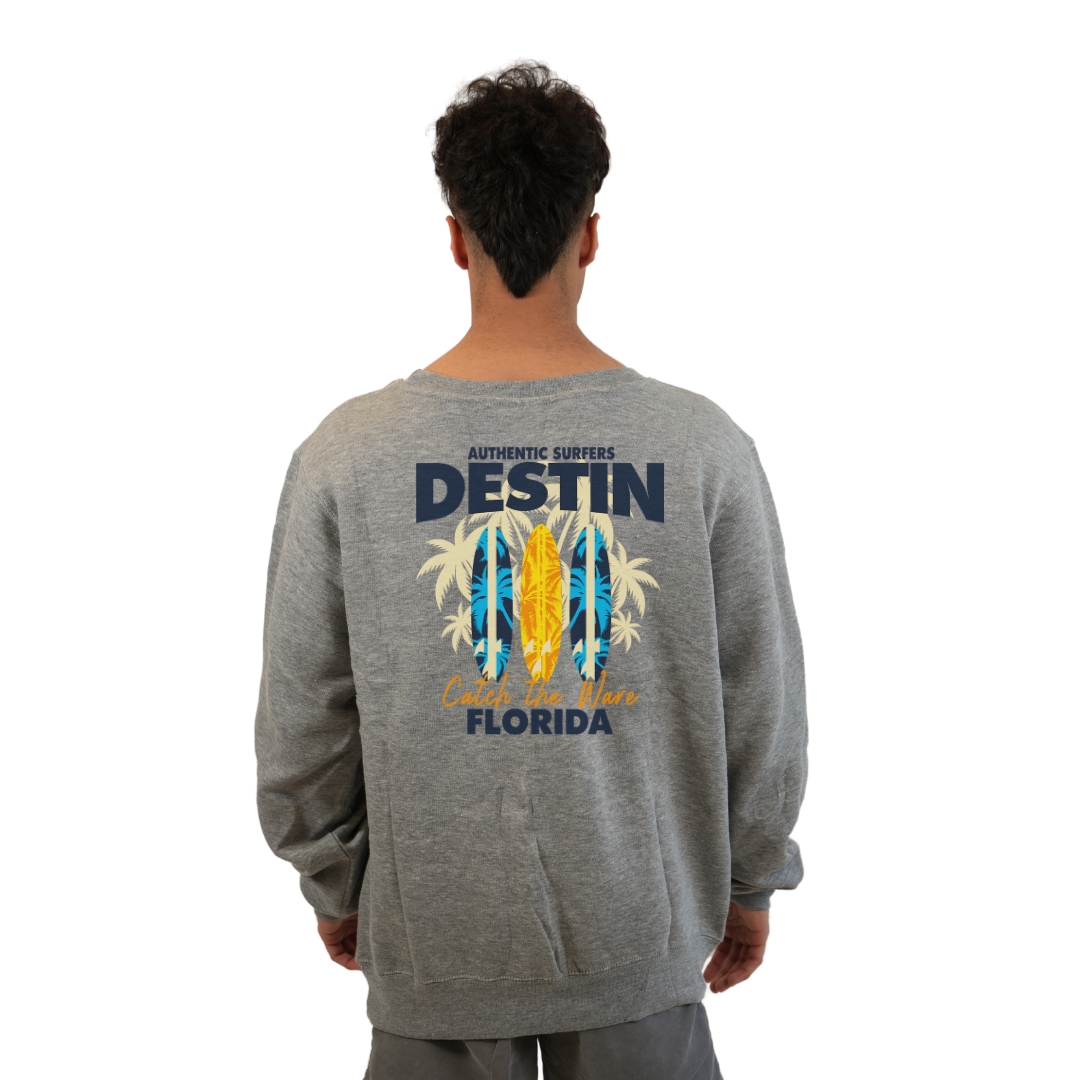 Destin Fl. Fleece Crewneck Sweatshirt Men with a Front Pocket Design and back big 3 Surf Boards Design Style 067