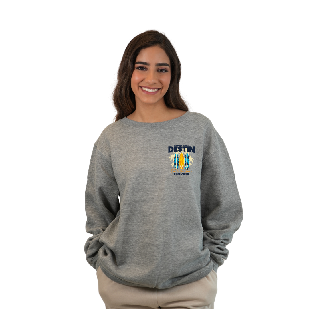 Destin Fl. Fleece Crewneck Sweatshirt Women with a Front Pocket Design and back big 3 Surf Boards Design Style 067