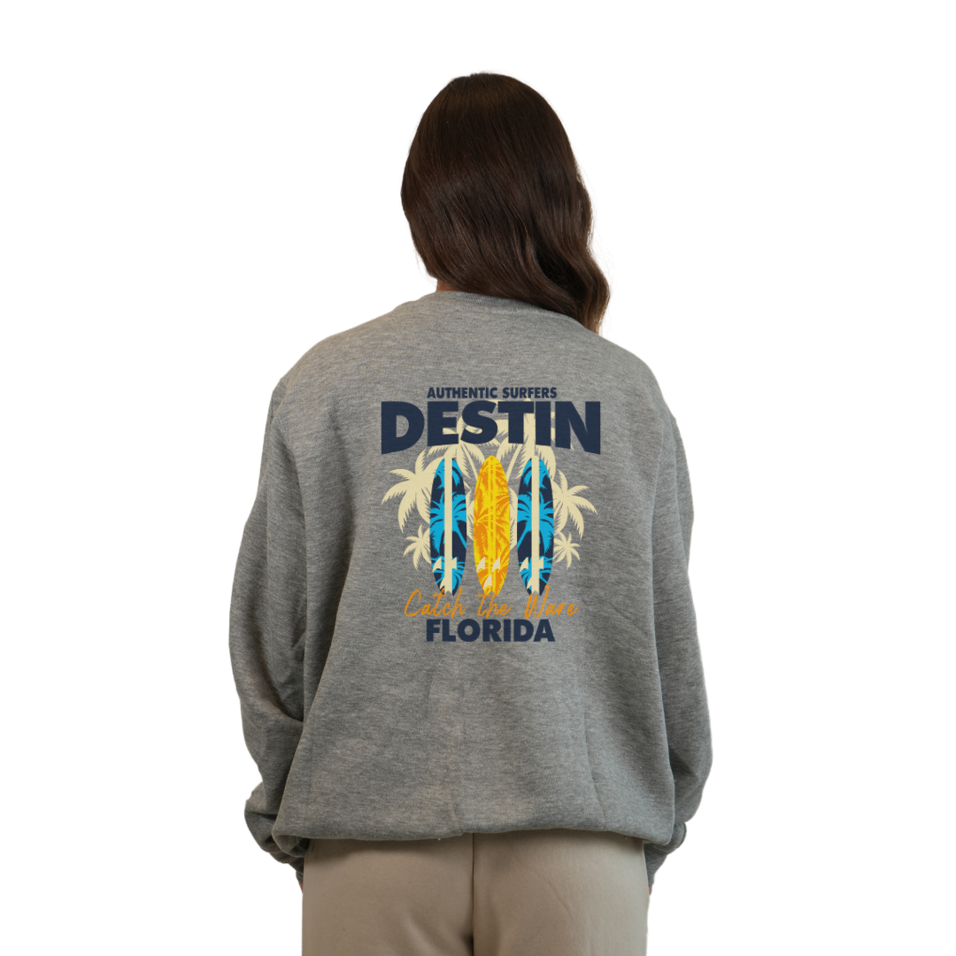 Destin Fl. Fleece Crewneck Sweatshirt Women with a Front Pocket Design and back big 3 Surf Boards Design Style 067