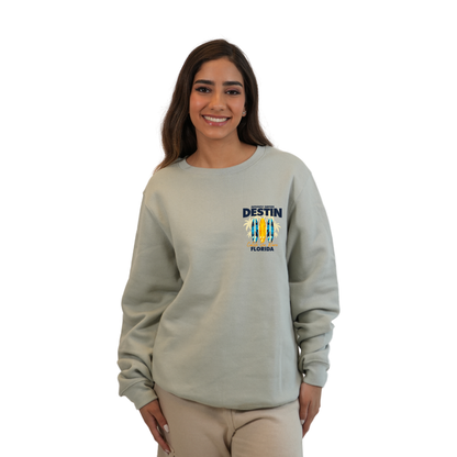 Destin Fl. Fleece Crewneck Sweatshirt Women with a Front Pocket Design and back big 3 Surf Boards Design Style 067