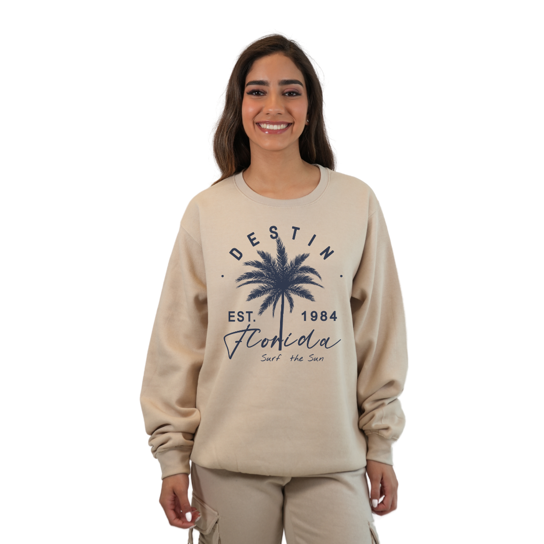 Destin Florida Fleece Crewneck Sweatshirt Women with a Front Palm Tree Est. 1984 Design Style 067