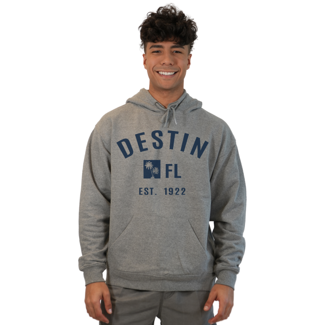 Destin Florida Pullover Hoodie men with Big Front Destin Est 1922 Two Palm Trees FL Design Style 252