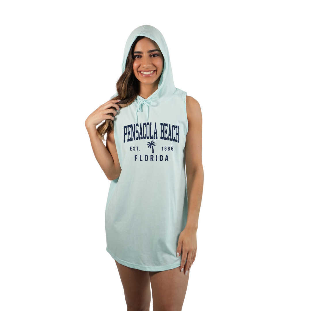 Pensacola Beach Women Sleeveless Cover Up Hoodie with a a Front Palm Tree Design Est. 1686 Design Style 263