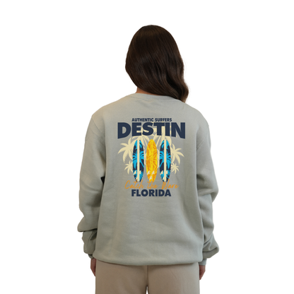 Destin Fl. Fleece Crewneck Sweatshirt Women with a Front Pocket Design and back big 3 Surf Boards Design Style 067