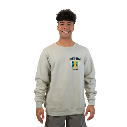 Destin Fl. Fleece Crewneck Sweatshirt Men with a Front Pocket Design and back big 3 Surf Boards Design Style 067