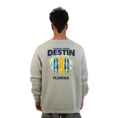 Destin Fl. Fleece Crewneck Sweatshirt Men with a Front Pocket Design and back big 3 Surf Boards Design Style 067