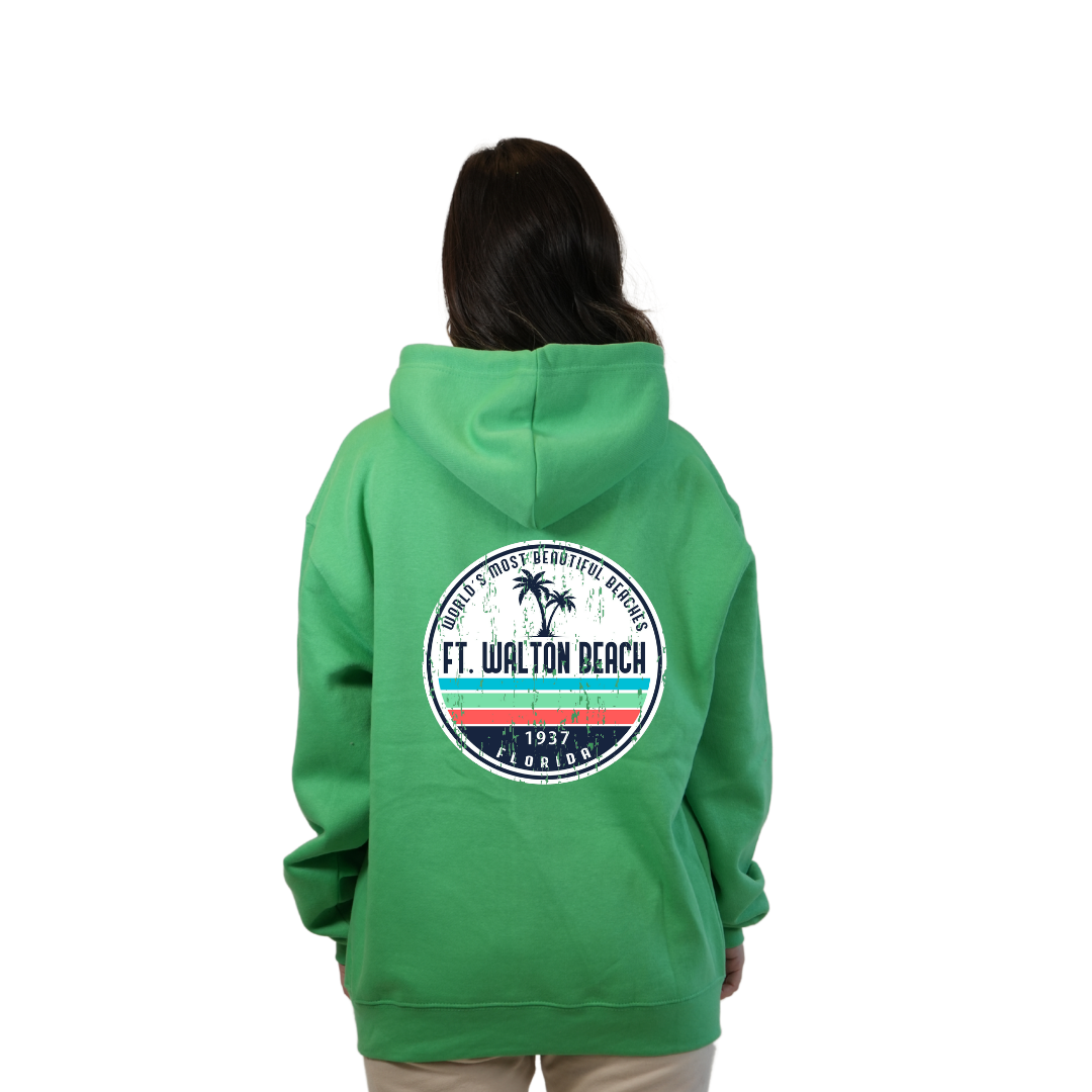 Ft. Walton Beach Pullover Hoodie Women with a a Front Pocket and back big circle 2 Palm Trees 1915 Design Style 252