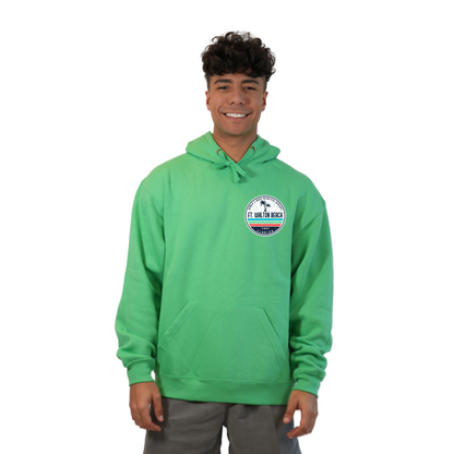 Ft. Walton Beach Pullover Hoodie Men with a a Front Pocket and back big circle 2 Palm Trees 1915 Design Style 252