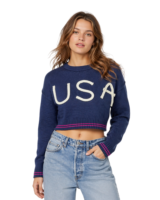 USA Croptop Sweater Applique Sweater alvinsisland.com Navy S-M