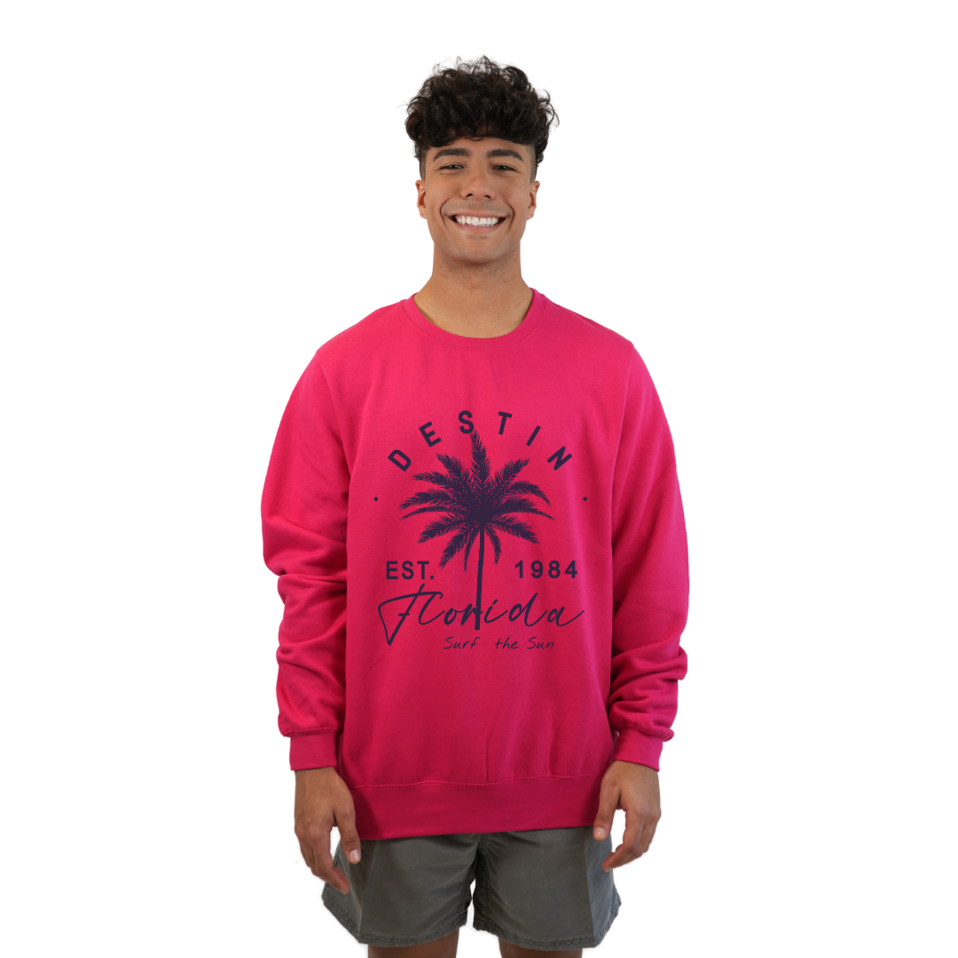 Destin Florida Fleece Crewneck Sweatshirt Men with a Front Palm Tree Est. 1984 Design Style 067