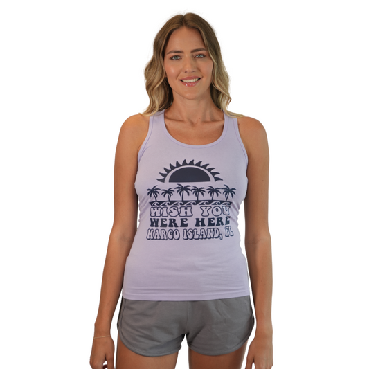 Marco Island Women Racerback Tank with Wish you Here Here Design Color Lavander Style 349
