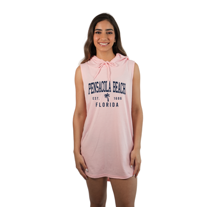 Pensacola Beach Women Sleeveless Cover Up Hoodie with a a Front Palm Tree Design Est. 1686 Design Style 263