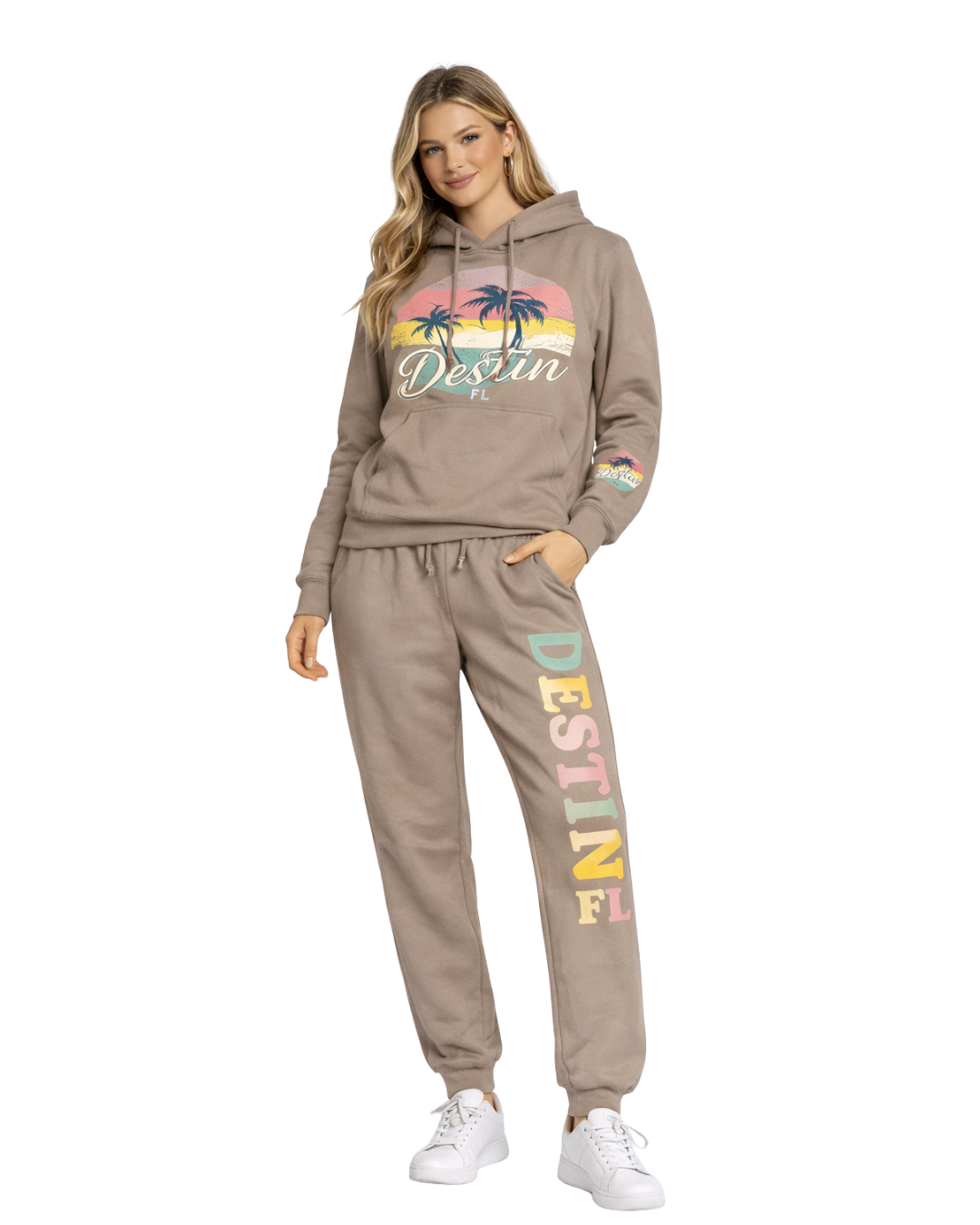 Destin Palm Tree/ Stripes (Hoodie& Pants) Set (two piece) Clothing alvinsisland.com Cappuccino S