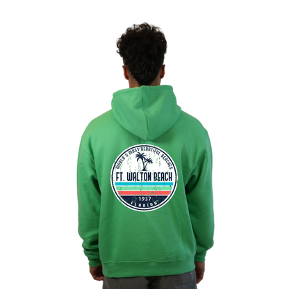 Ft. Walton Beach Pullover Hoodie Men with a a Front Pocket and back big circle 2 Palm Trees 1915 Design Style 252