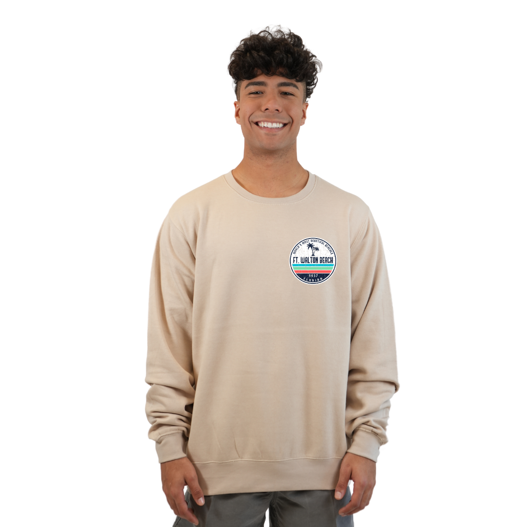 Ft. Walton Beach Fleece Crewneck Sweatshirt Men  a Front Pocket and back big circle 2 Palm Trees 1915 Design Style 067