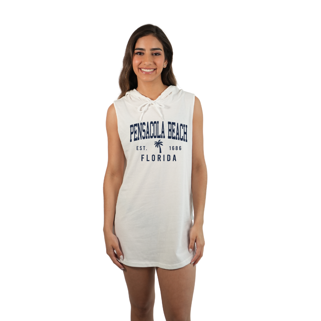 Pensacola Beach Women Sleeveless Cover Up Hoodie with a a Front Palm Tree Design Est. 1686 Design Style 263