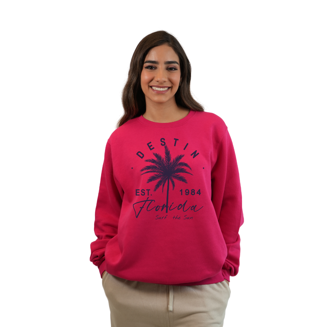 Destin Florida Fleece Crewneck Sweatshirt Women with a Front Palm Tree Est. 1984 Design Style 067