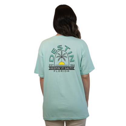 Destin Florida Combed Cotton Women T-Shirt with a Front Pocket Design and back big Palm Tree - Sun Arc Letters Design Style CC1000