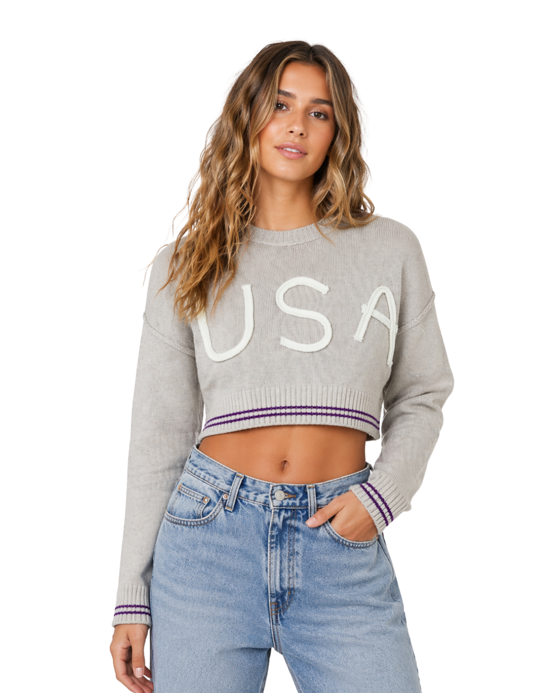 USA Croptop Sweater Applique Sweater alvinsisland.com Sand S-M