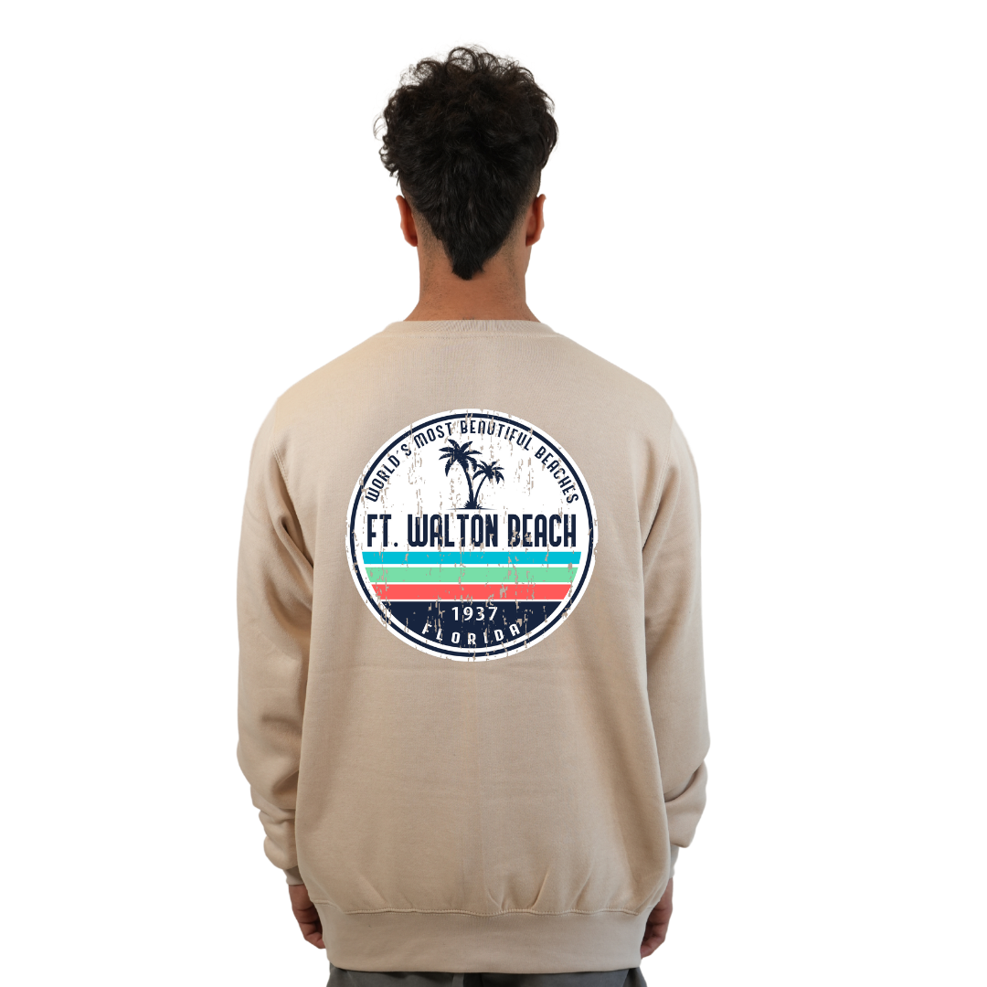 Ft. Walton Beach Fleece Crewneck Sweatshirt Men  a Front Pocket and back big circle 2 Palm Trees 1915 Design Style 067