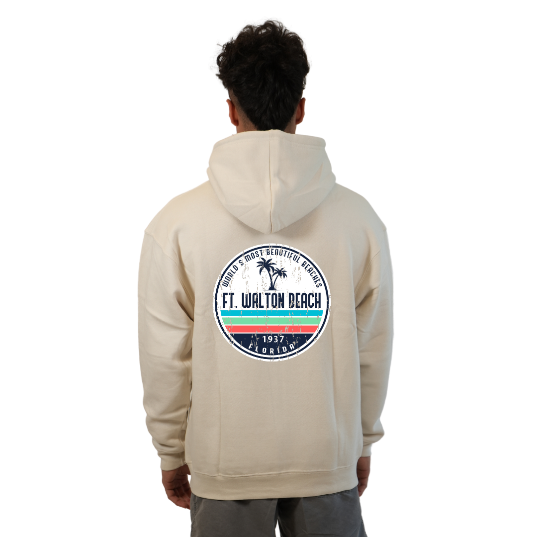 Ft. Walton Beach Pullover Hoodie Men with a a Front Pocket and back big circle 2 Palm Trees 1915 Design Style 252