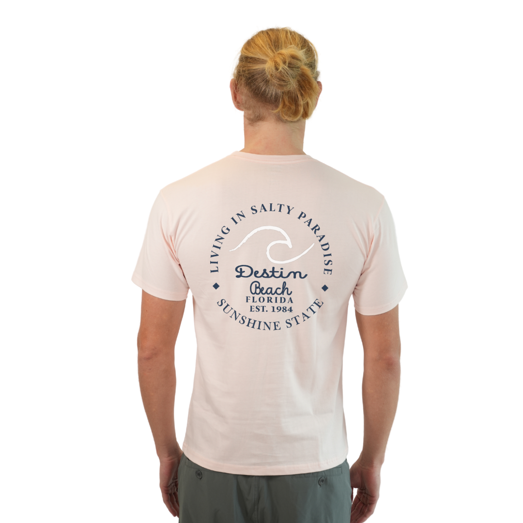 Destin Florida Combed Cotton Men T-Shirt with a Front Pocket Design and back "Living in Salty Paradise" Design Style CC1000