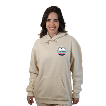 Ft. Walton Beach Pullover Hoodie Women with a a Front Pocket and back big circle 2 Palm Trees 1915 Design Style 252