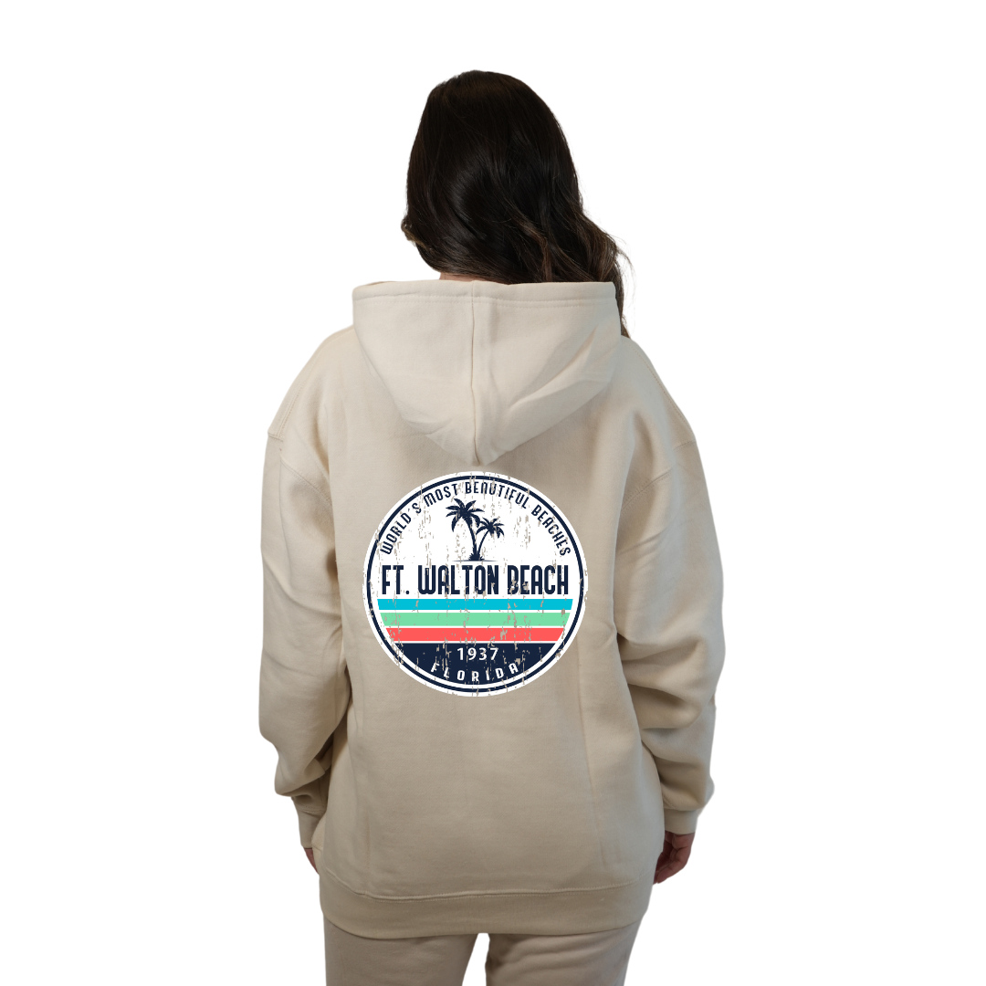 Ft. Walton Beach Pullover Hoodie Women with a a Front Pocket and back big circle 2 Palm Trees 1915 Design Style 252