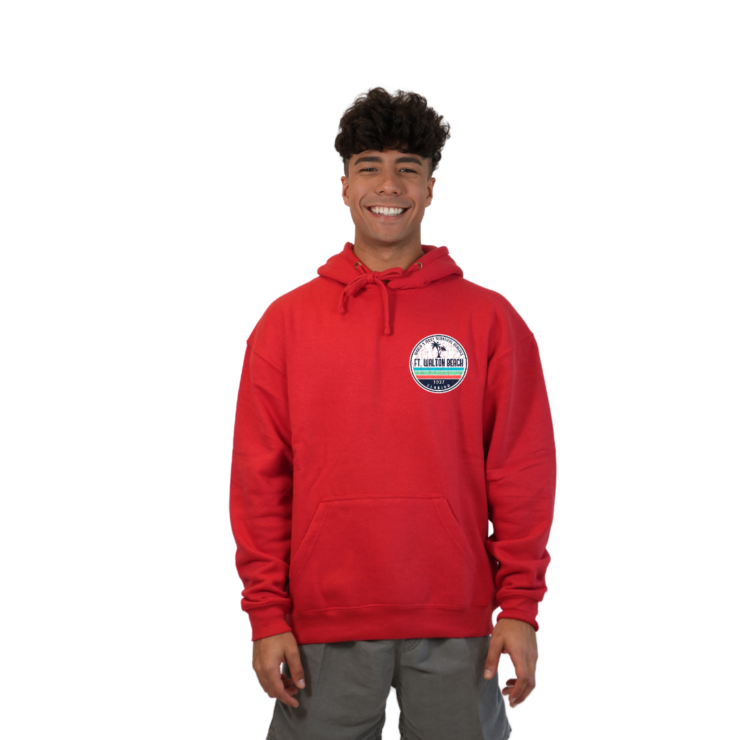 Ft. Walton Beach Pullover Hoodie Men with a a Front Pocket and back big circle 2 Palm Trees 1915 Design Style 252