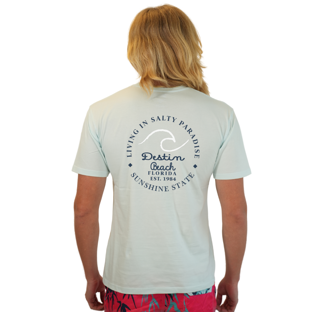 Destin Florida Combed Cotton Men T-Shirt with a Front Pocket Design and back "Living in Salty Paradise" Design Style CC1000