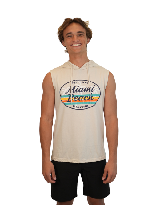 Miami Beach Fl, Palm Tree and Stripes Est. 1915 Knit Sleeveless Hoodie Style 229 Sleeveless Hoodie alvinsisland.com Cream M
