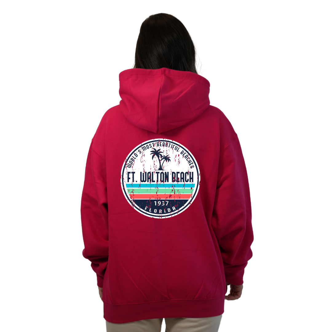 Ft. Walton Beach Pullover Hoodie Women with a a Front Pocket and back big circle 2 Palm Trees 1915 Design Style 252