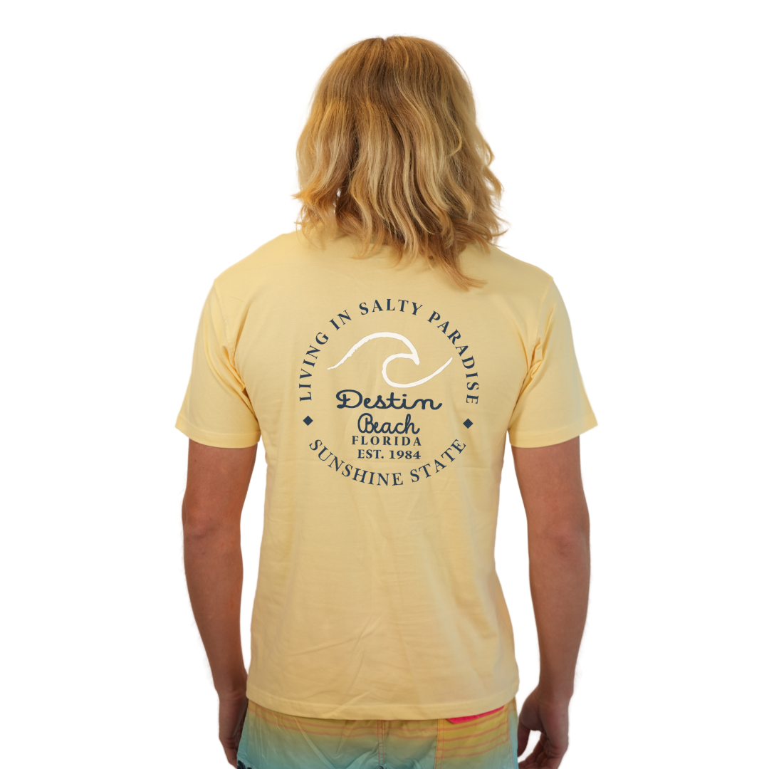 Destin Florida Combed Cotton Men T-Shirt with a Front Pocket Design and back "Living in Salty Paradise" Design Style CC1000