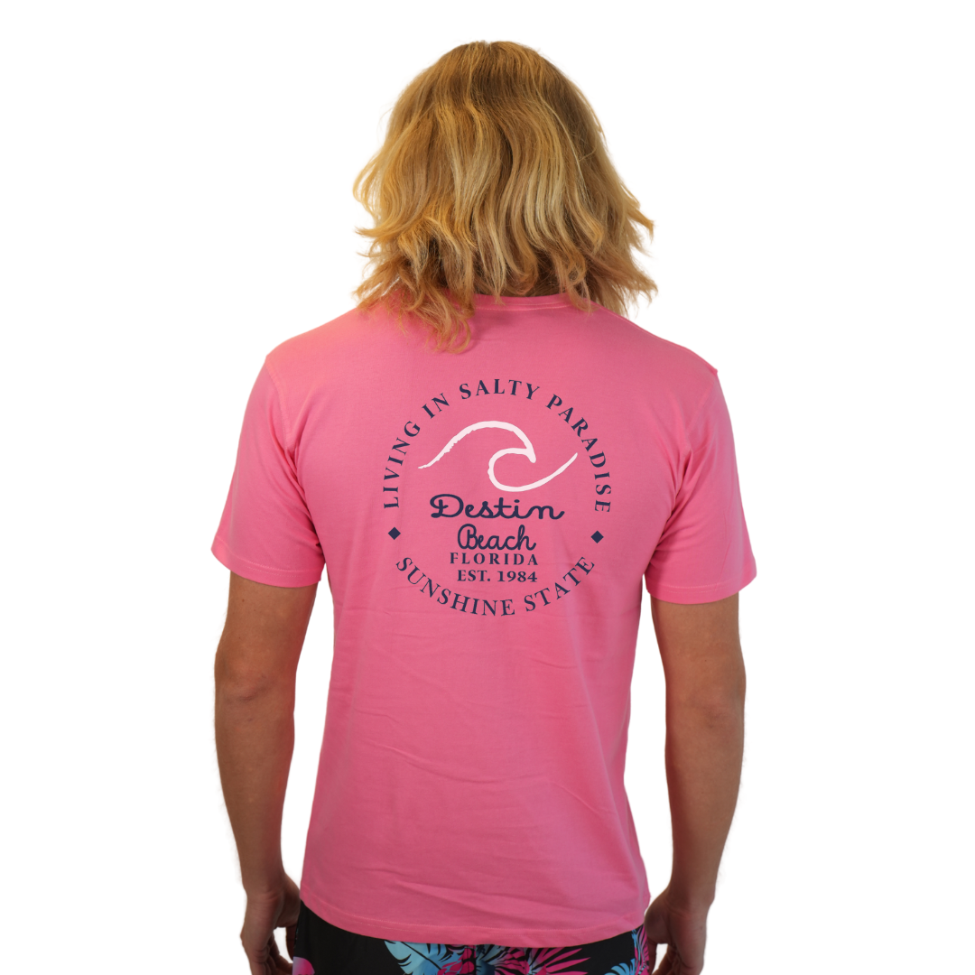 Destin Florida Combed Cotton Men T-Shirt with a Front Pocket Design and back "Living in Salty Paradise" Design Style CC1000