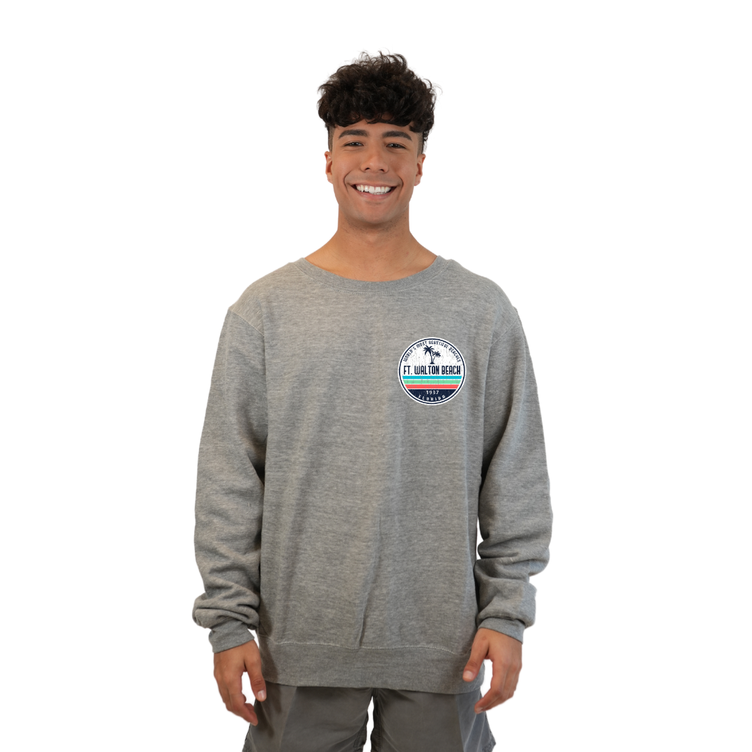 Ft. Walton Beach Fleece Crewneck Sweatshirt Men  a Front Pocket and back big circle 2 Palm Trees 1915 Design Style 067